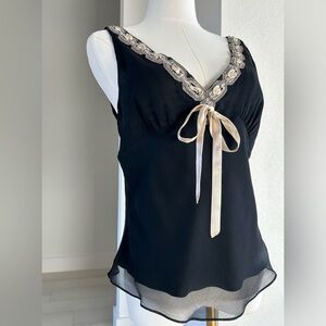 Cache Vintage Y2K Romantic Black Silk Sheer Embellished Cami Tank Top Womens M